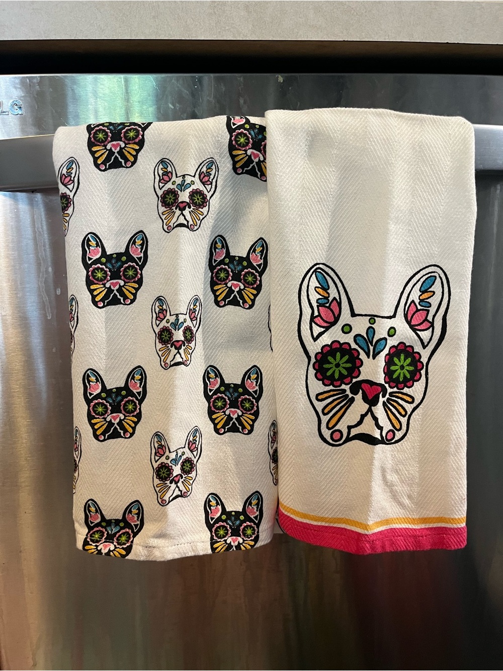 Dia de los muertos French bulldog dish towels